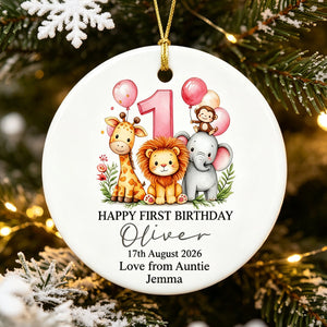 Happy First Birthday with Safari Animals Personalized Ceramic Ornament First Birthday Ornament Keepsake Gift with Safari Animals