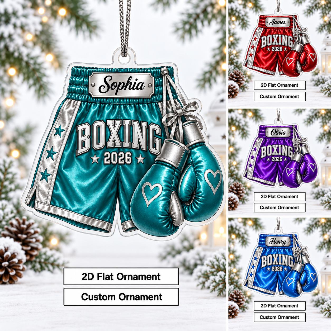 Personalized Boxing Gloves & Shorts Christmas Ornament 2026 – Custom Name Acrylic Keepsake | Gift For Boxers & Coaches