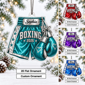 Personalized Boxing Gloves & Shorts Christmas Ornament 2026 – Custom Name Acrylic Keepsake | Gift For Boxers & Coaches