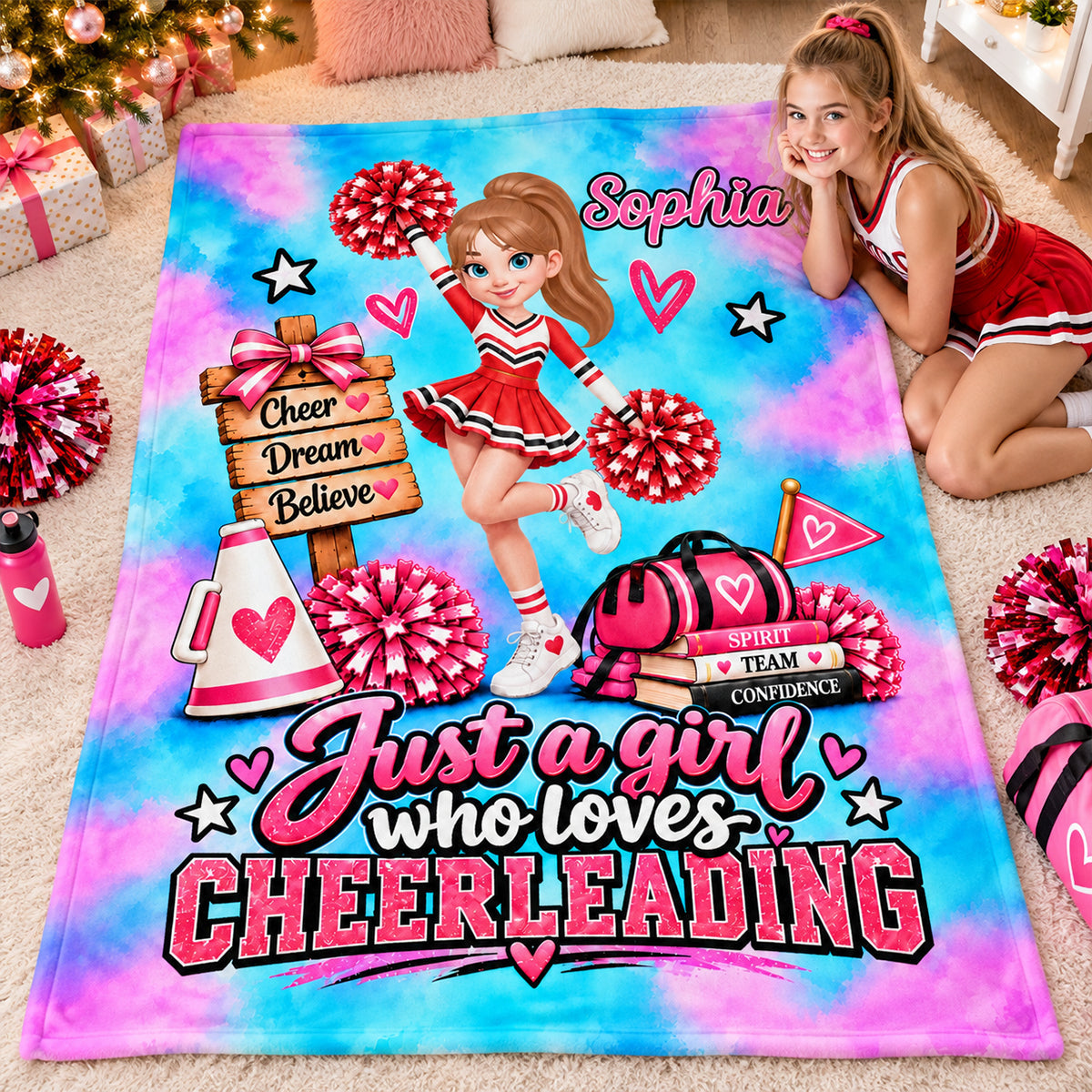 Just A Girl Who Loves Cheerleading – Personalized Fleece Blanket | Custom Name Christmas Gift For Daughters, Granddaughters & Cheerleaders