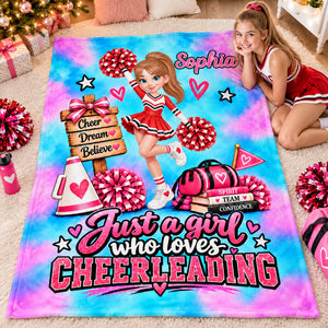 Just A Girl Who Loves Cheerleading – Personalized Fleece Blanket | Custom Name Christmas Gift For Daughters, Granddaughters & Cheerleaders
