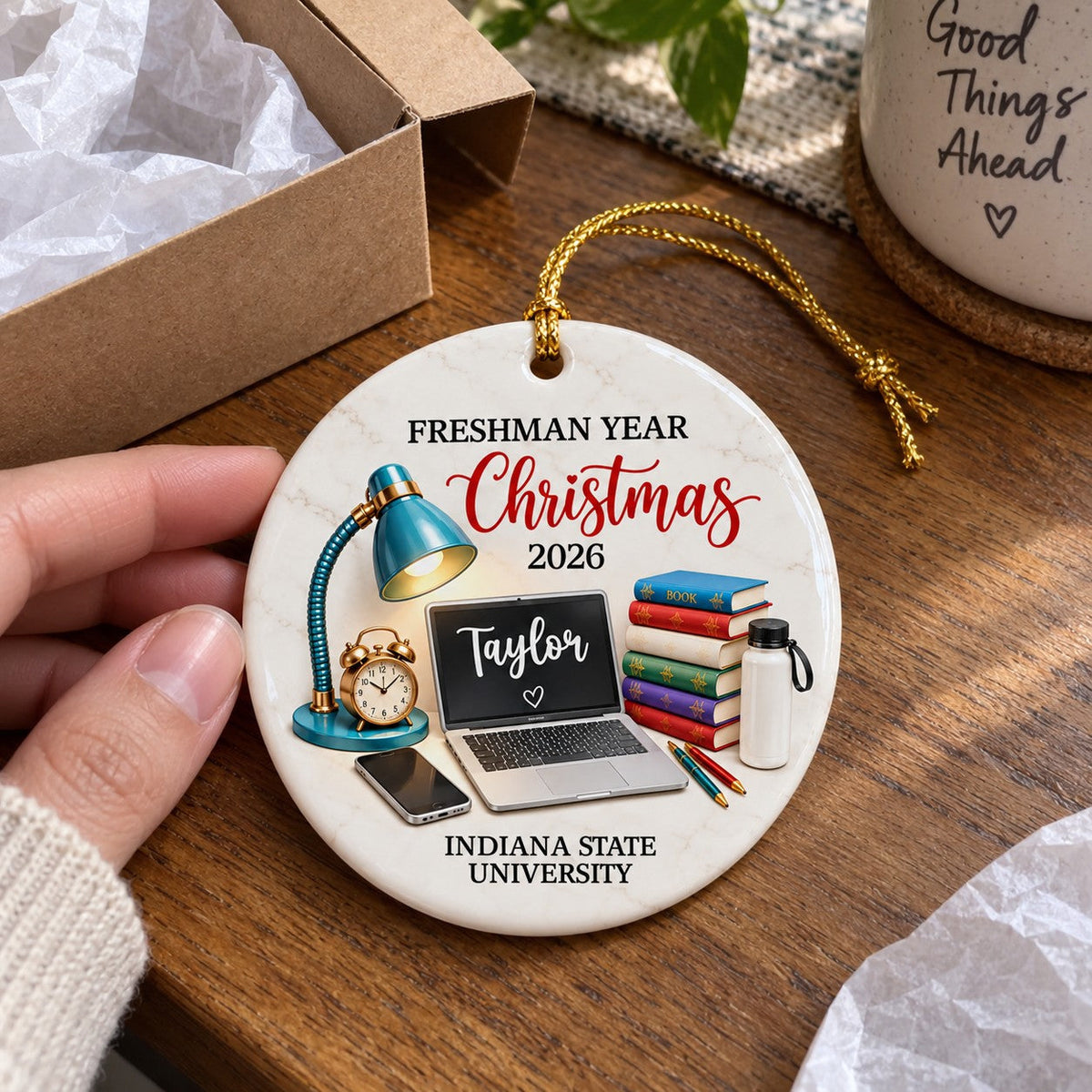 Freshman Year Christmas Study Desk – Personalized Ceramic Ornament – College Student Christmas Gift, First Year Keepsake