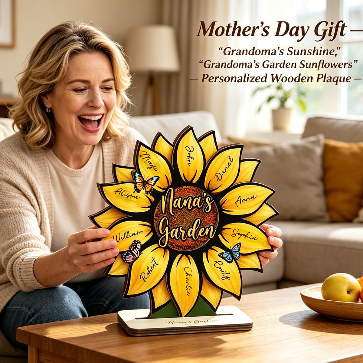 Mother's Day Gifts, Grandma's Sunshine, Grandma's Garden Sunflowers For Nana, Mimi, Gigi - Personalized Wooden Plaque