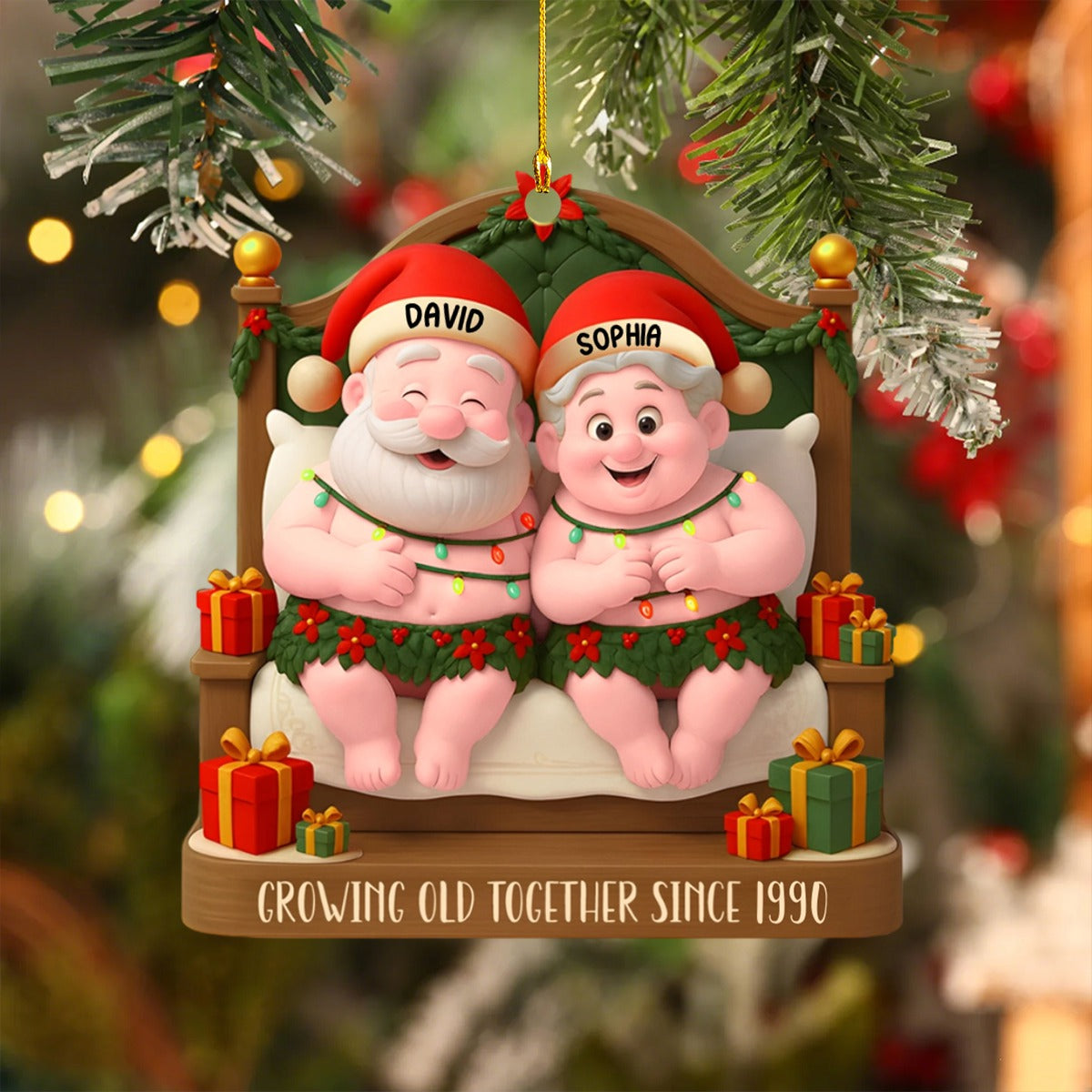 Growing Old Together With Santa Hats And Holly,Personalized Ornament,Gift For Couples