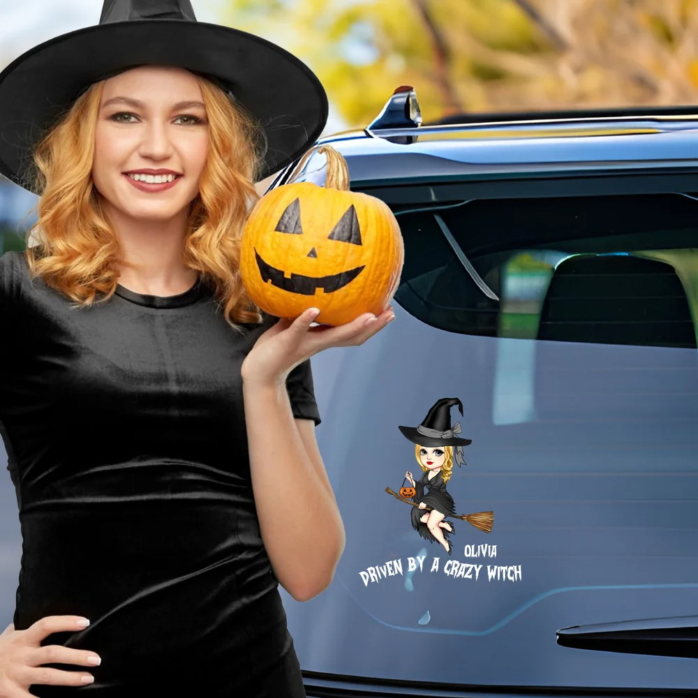 Personalized Witch Hat Cartoon Character Weatherproof Car Sticker Halloween Birthday Gift
