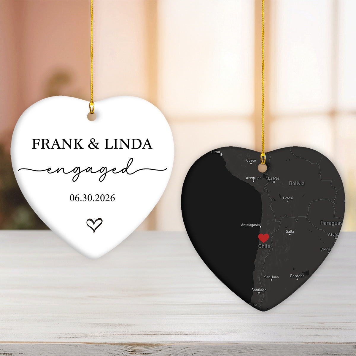 Engagement Ornament - Custom Map Personalized Heart-shaped Ceramic Ornament