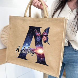 Personalized Sparkling Stars Butterfly Monogram Name Jute Tote Bag