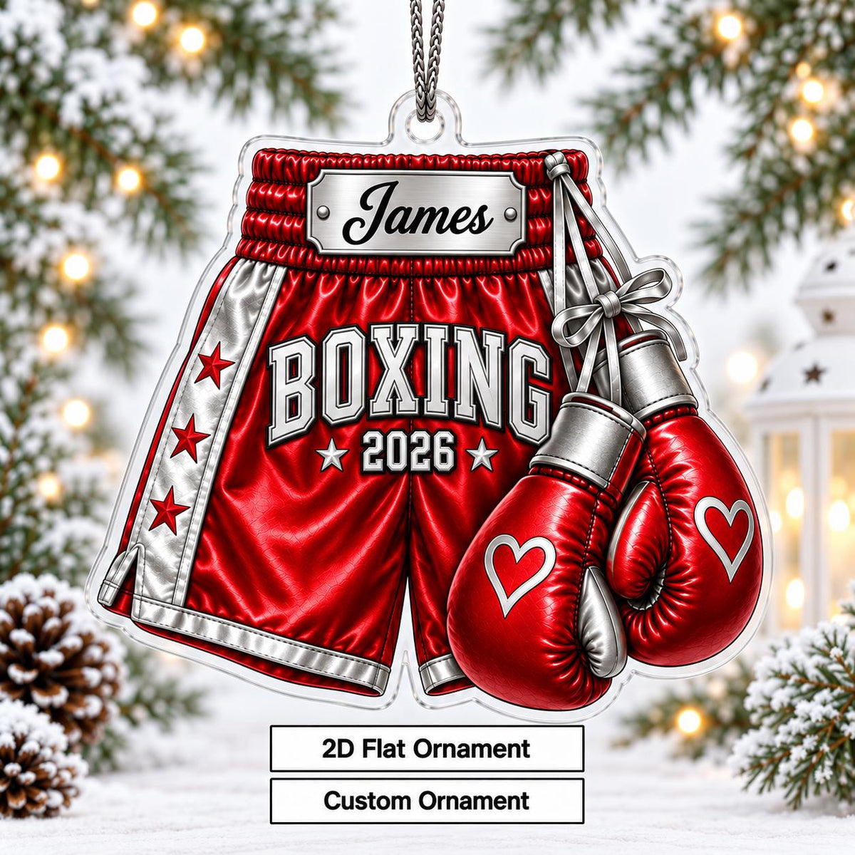 Personalized Boxing Gloves & Shorts Christmas Ornament 2026 – Custom Name Acrylic Keepsake | Gift For Boxers & Coaches
