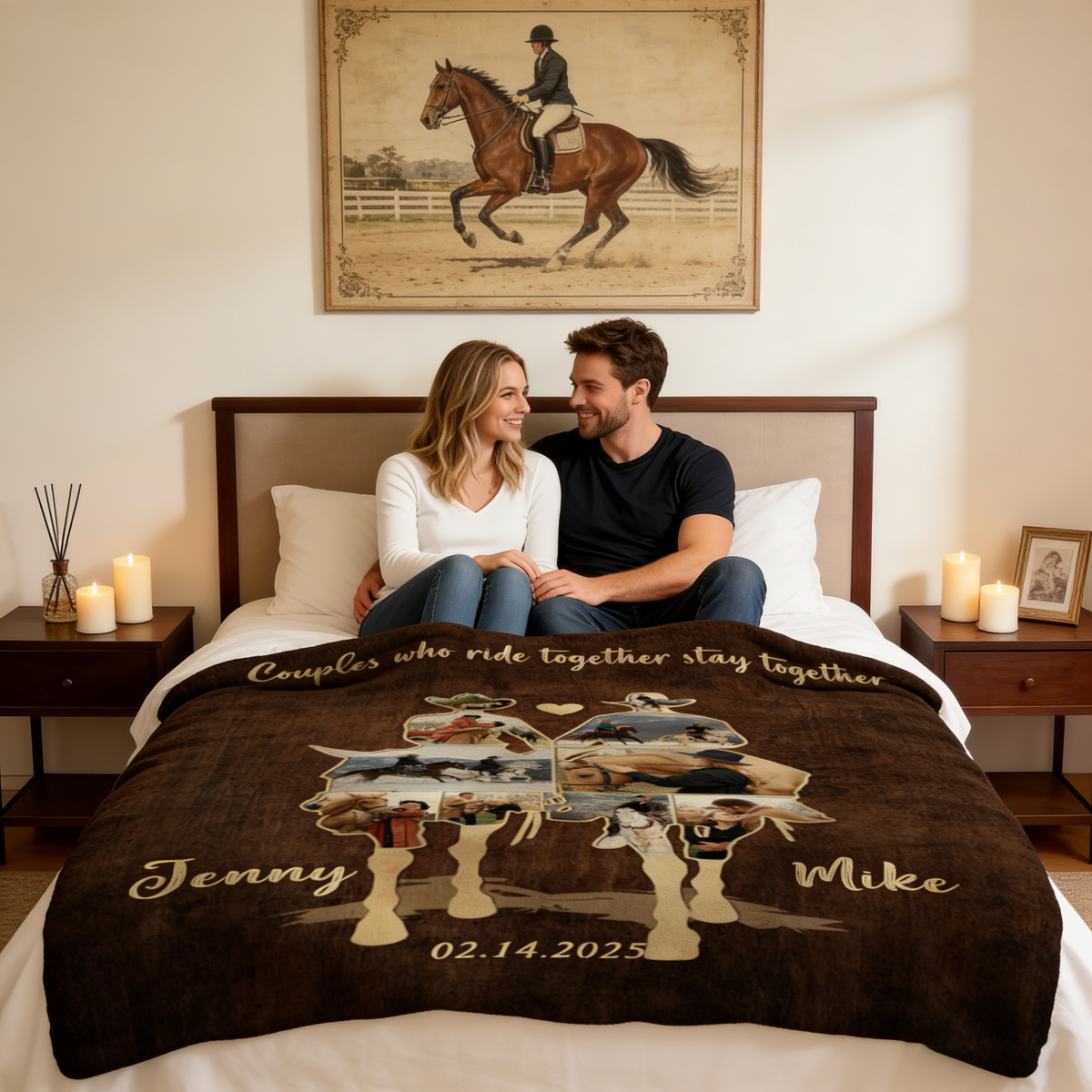 Custom Couple Cowboy Photo Collage Blanket , Personalized Couple Horse Riding Gift, Riding Partners Horse Riding Gifts