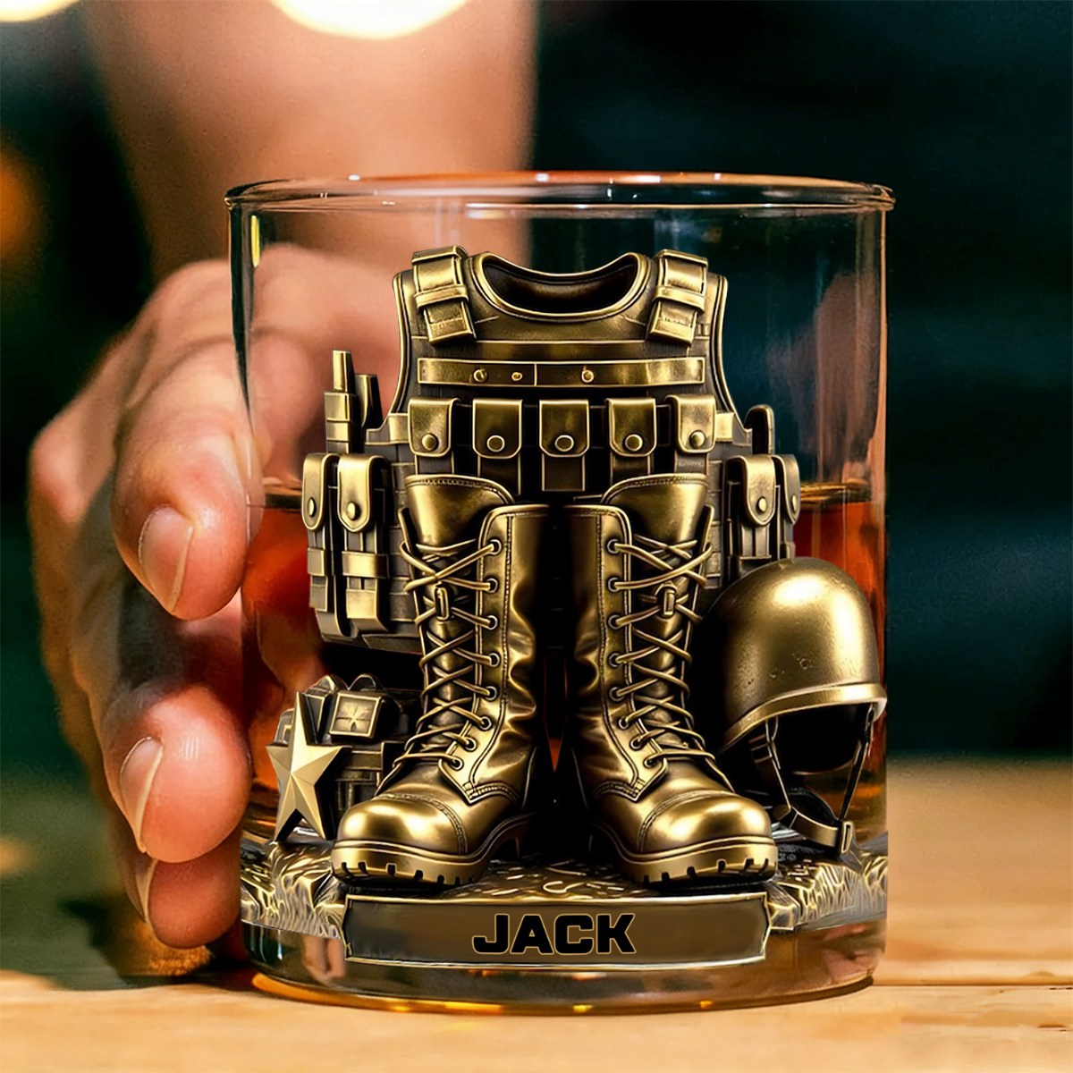 Custom Name 250th US Military Whiskey Glass Gold, Soldier Boots Whiskey Glass