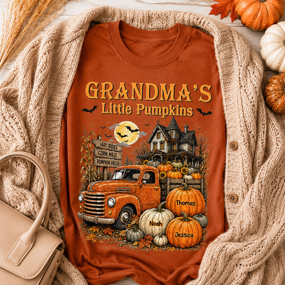 "Grandma's Little Pumpkins" – Retro Vintage Farmhouse Halloween Truck Shirt | Personalized Gift For Grandma