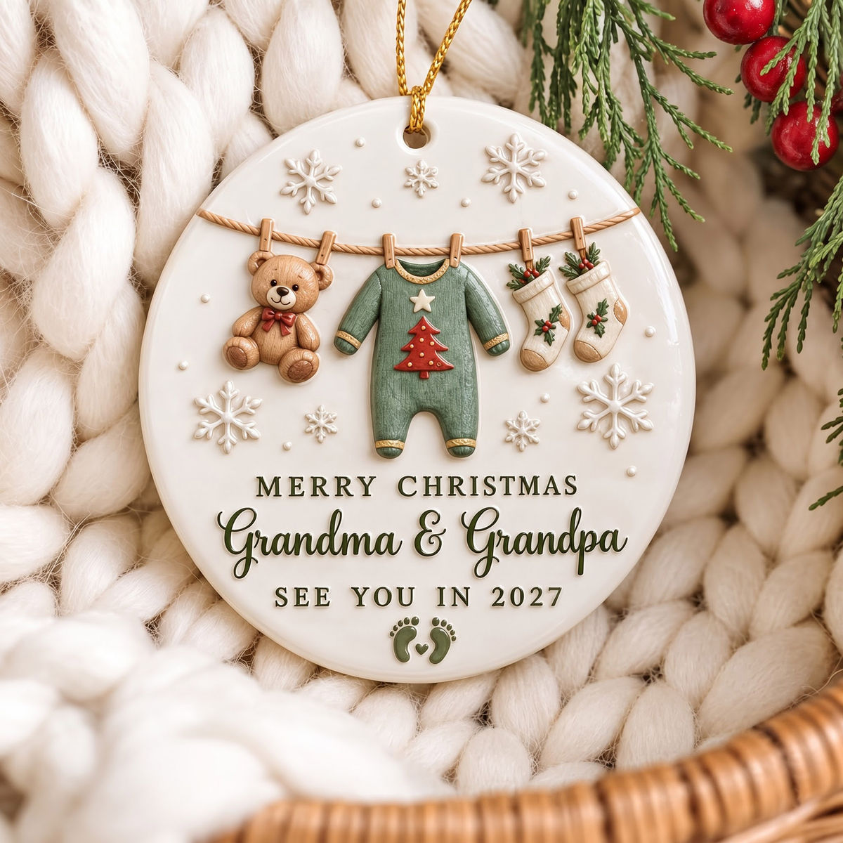 See You In 2027 – Personalized Pregnancy Announcement Ceramic Ornament | Custom Name Christmas Reveal Gift For Grandparents, Aunts & Uncles