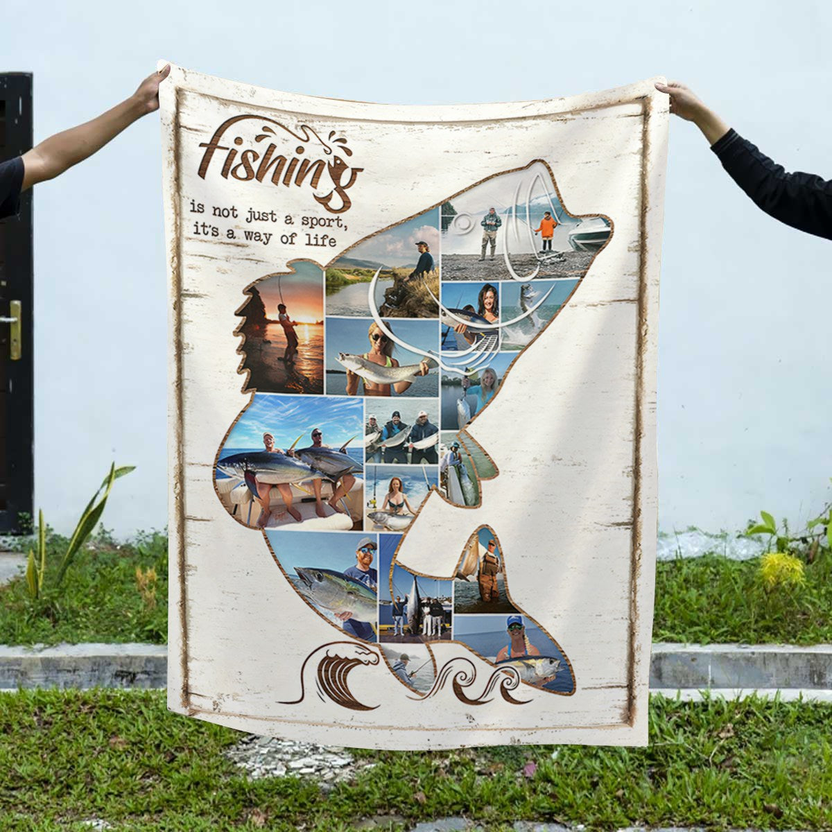Personalized Fishing Photo Collage Blanket, Fish Shape Blanket, Fishing Gift
