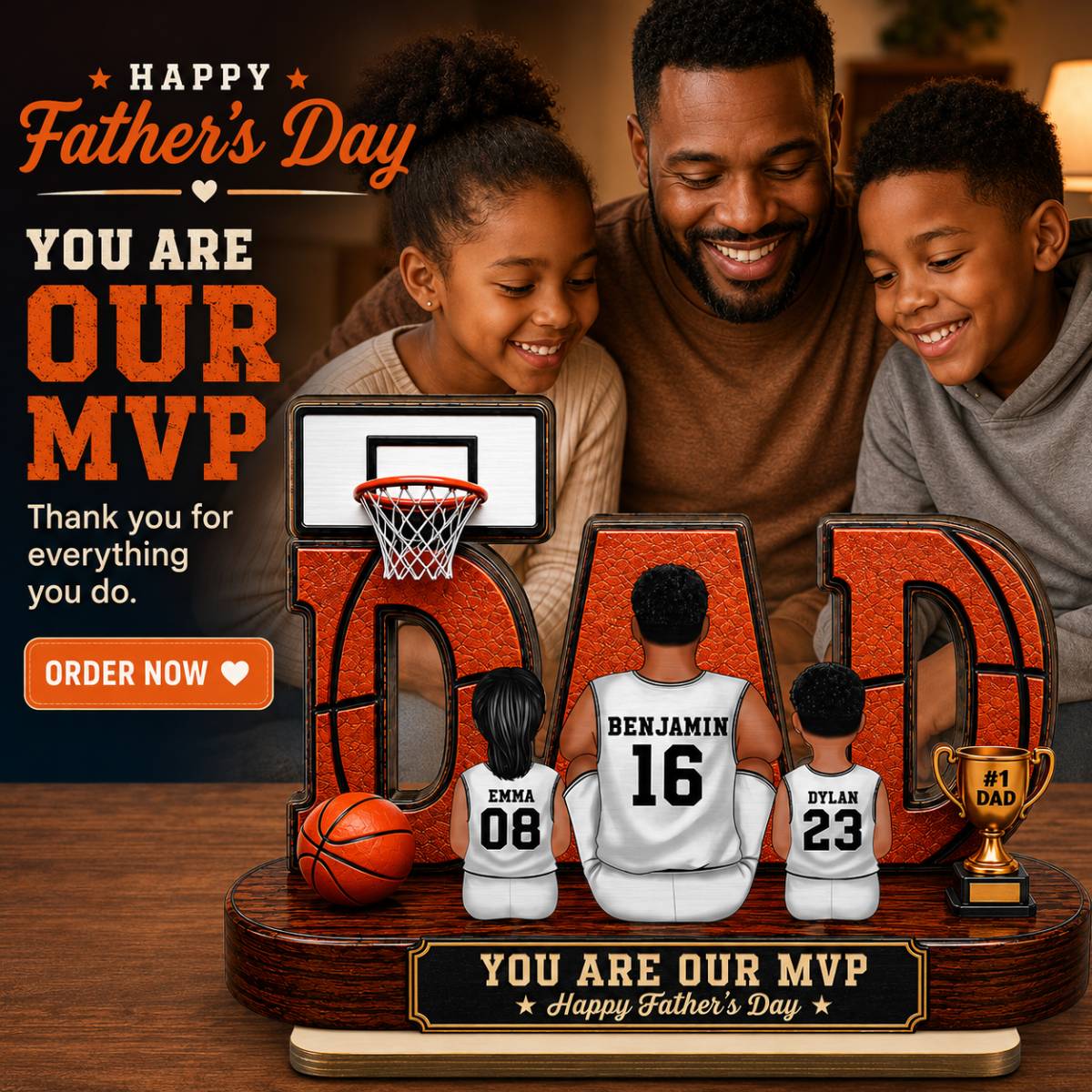 Father's Day Gift For Basketball Dad & Husband – Personalized "Dad's Dream Team" Wooden Plaque