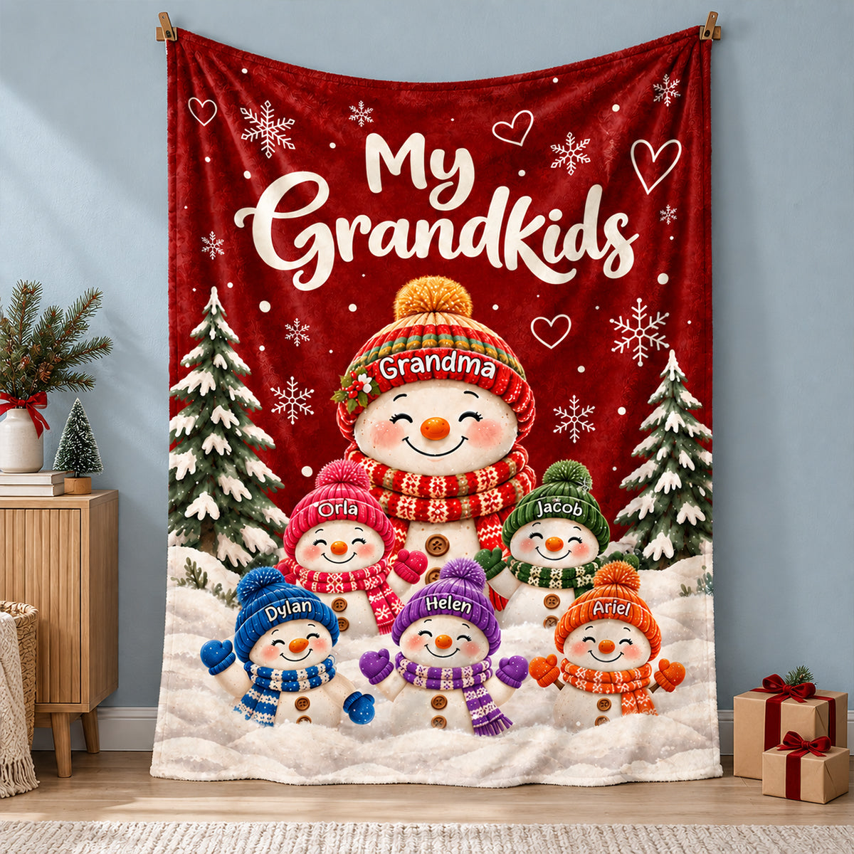 Personalized Grandkids Snowman Christmas Fleece Blanket – Custom Grandchildren’s Names Throw | Holiday Gift For Grandma & Nana