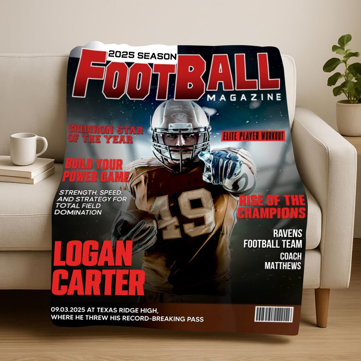 Personalized Football Magazine Cover  Blanket, Football Player Gift, Football America Gifts