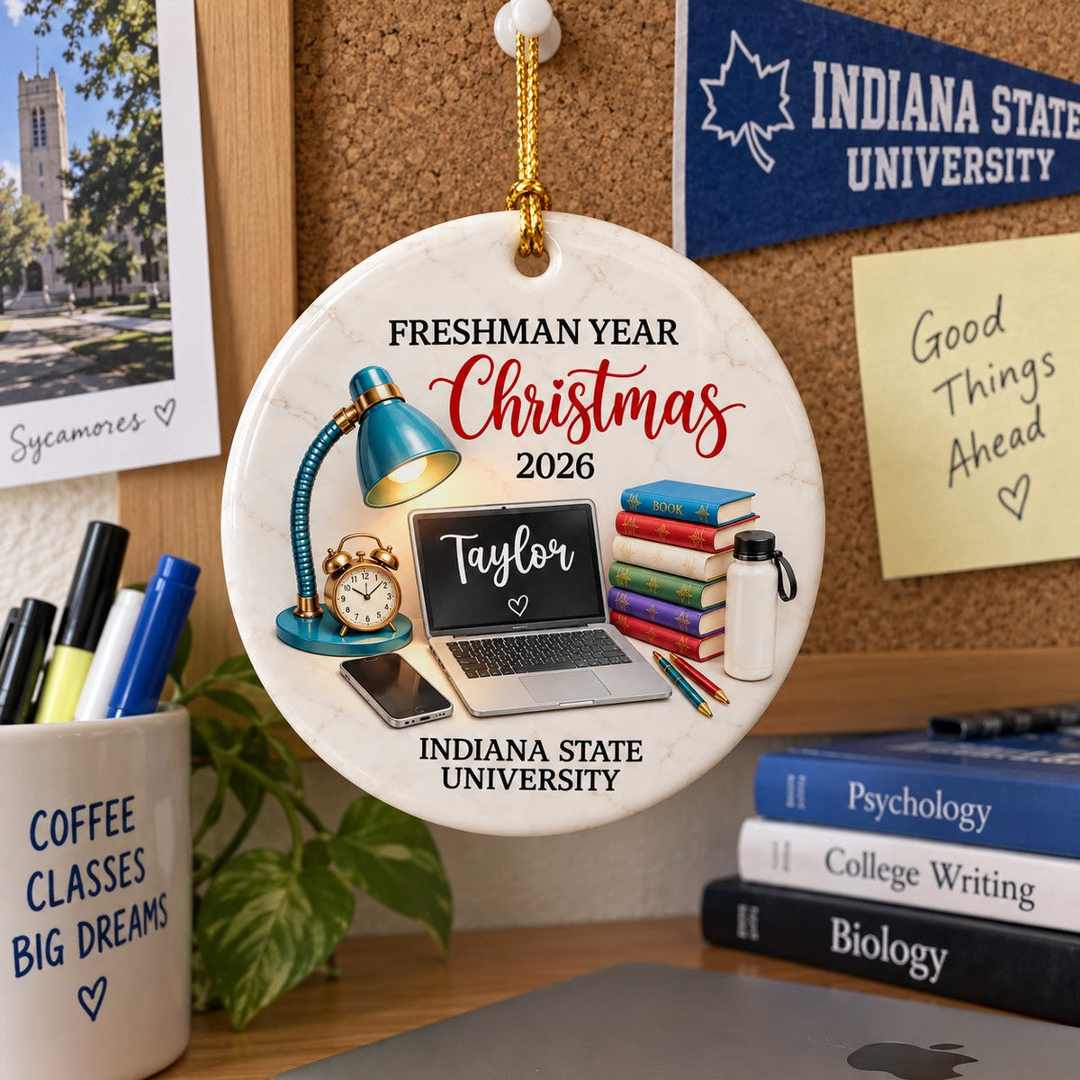 Freshman Year Christmas Study Desk – Personalized Ceramic Ornament – College Student Christmas Gift, First Year Keepsake