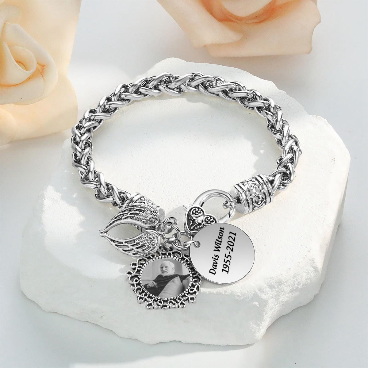 Engraved Name Personalized Memorial Antique Bracelet With Photo
