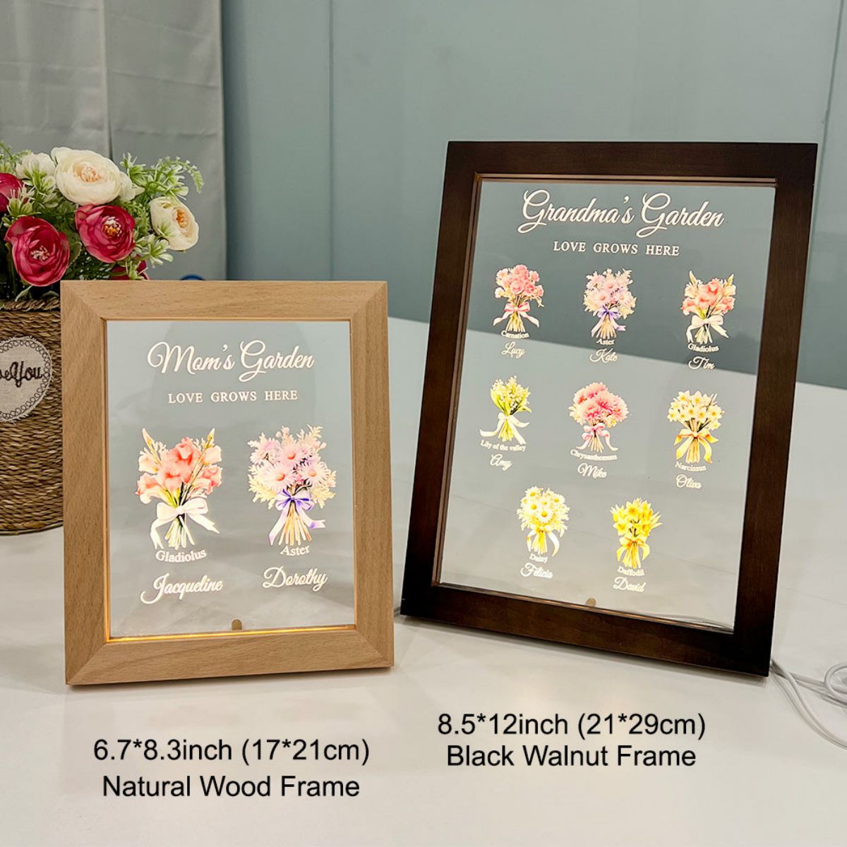 Mom's Garden Birth Month Flower Bouquet Customized LED Light With Wooden Frame