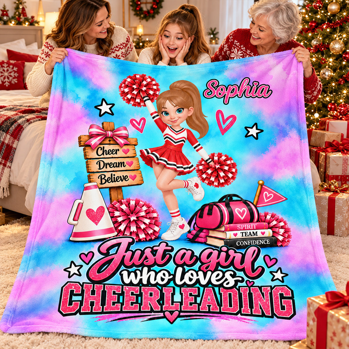 Just A Girl Who Loves Cheerleading – Personalized Fleece Blanket | Custom Name Christmas Gift For Daughters, Granddaughters & Cheerleaders