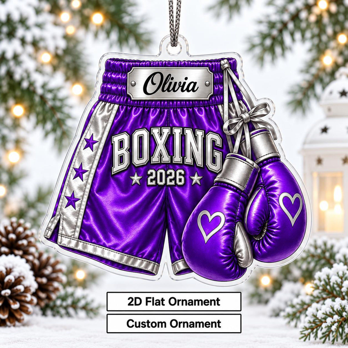 Personalized Boxing Gloves & Shorts Christmas Ornament 2026 – Custom Name Acrylic Keepsake | Gift For Boxers & Coaches