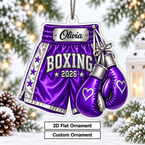 Personalized Boxing Gloves & Shorts Christmas Ornament 2026 – Custom Name Acrylic Keepsake | Gift For Boxers & Coaches