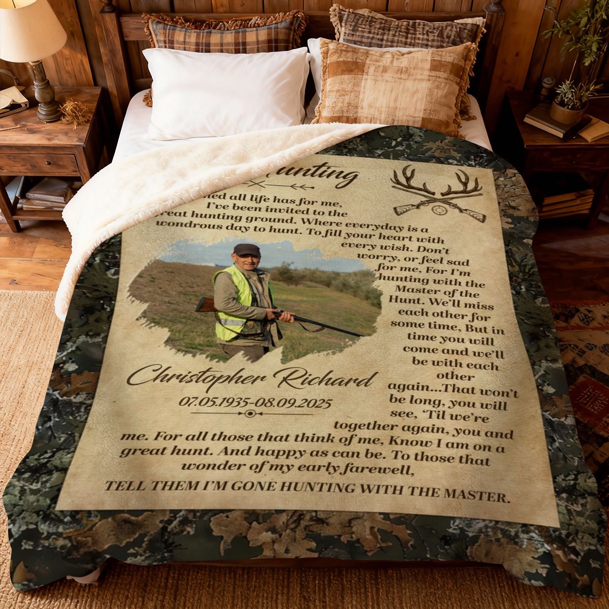 Personalized Gone Hunting Blanket,Custom Hunter Memorial, Sympathy Gift, Keepsake For Hunter