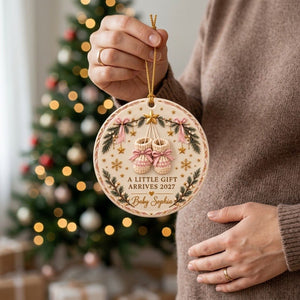 Personalized "A Little Gift Arrives 2027" Ornament – Custom Baby Name Knit Booties Pregnancy Announcement Keepsake In Pink for Christmas