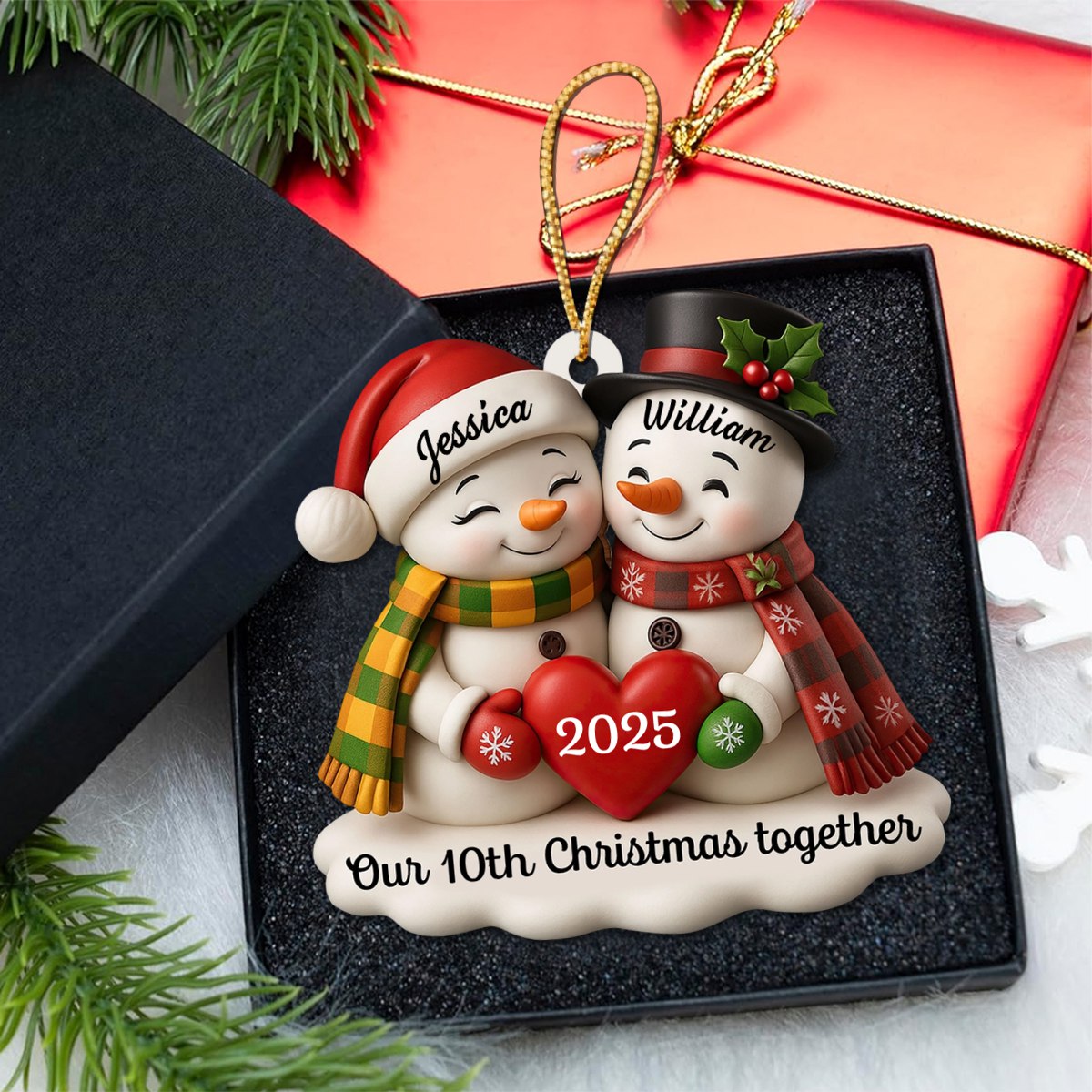 Our Christmas Together, Snowmen With Hearts and Holly, Personalized Acrylic Ornament, Gift for Couples and Family