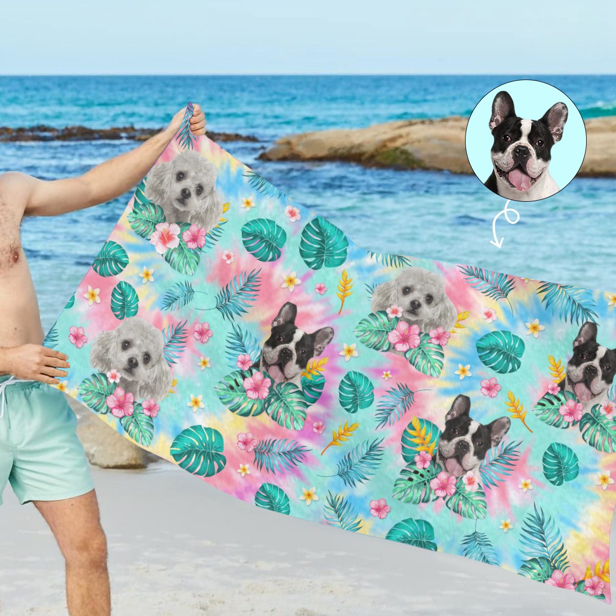 Custom Photo Happy Tails In Summer Trails - Dog & Cat Personalized Custom Beach Towel - Summer Vacation Gift