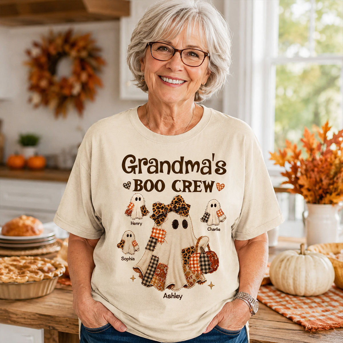 "Grandma's Fall Halloween" – Coquette Faux Patchwork Pattern Shirt | Personalized Gift For Grandma