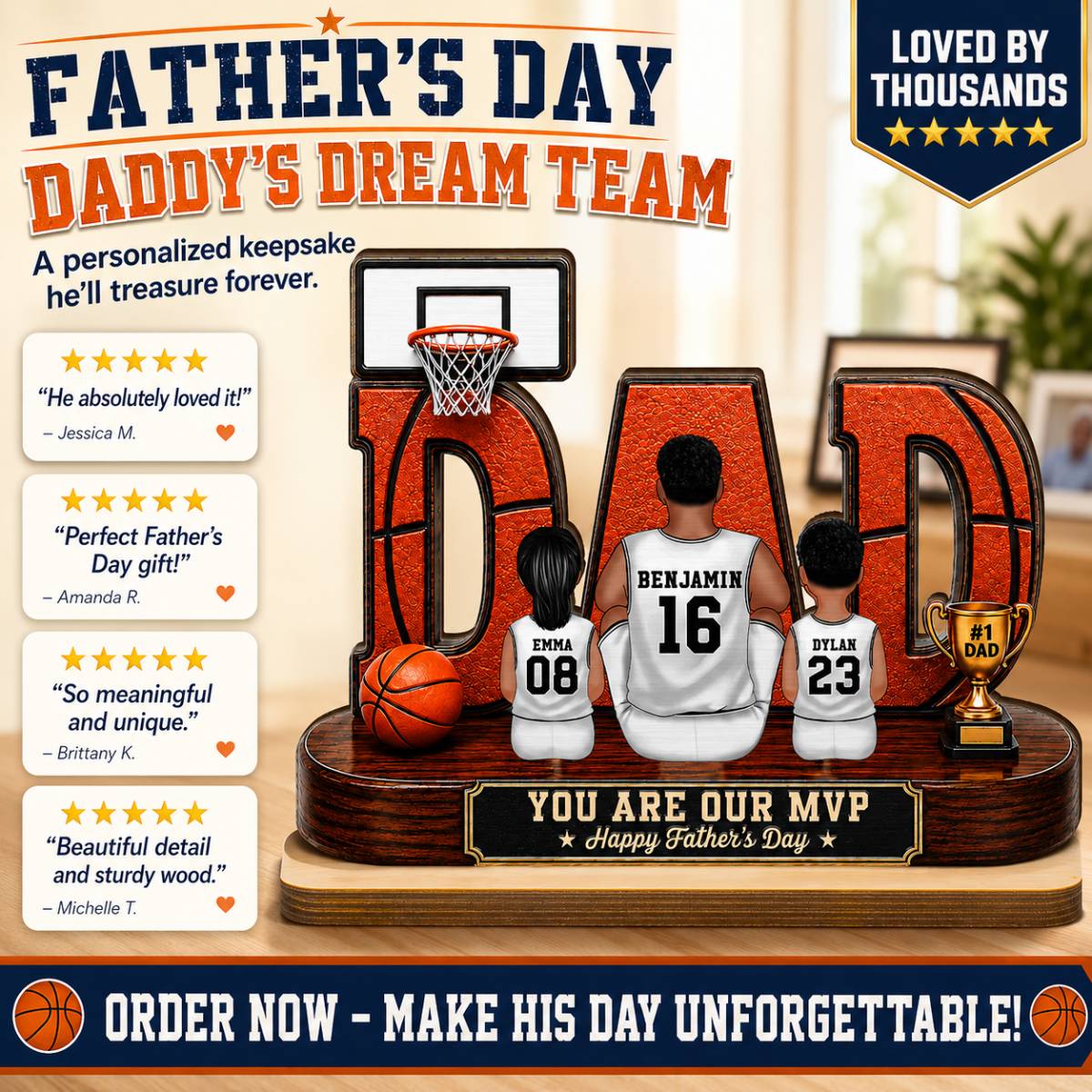 Father's Day Gift For Basketball Dad & Husband – Personalized "Dad's Dream Team" Wooden Plaque