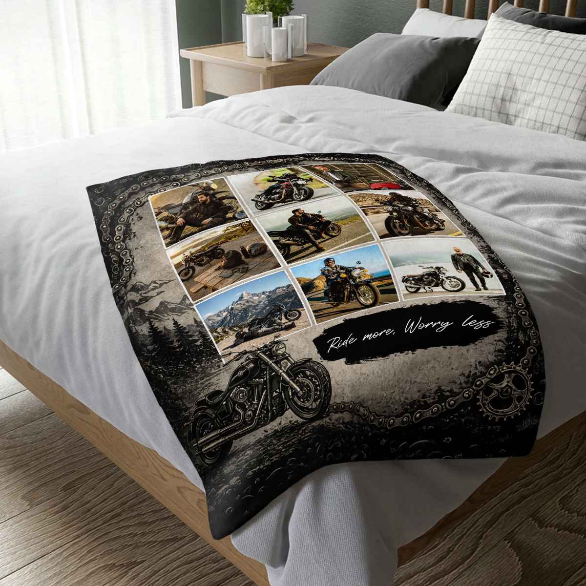 Custom Motorcycle Photo Collage Blanket – Personalized Biker Gift For Dad & Riders