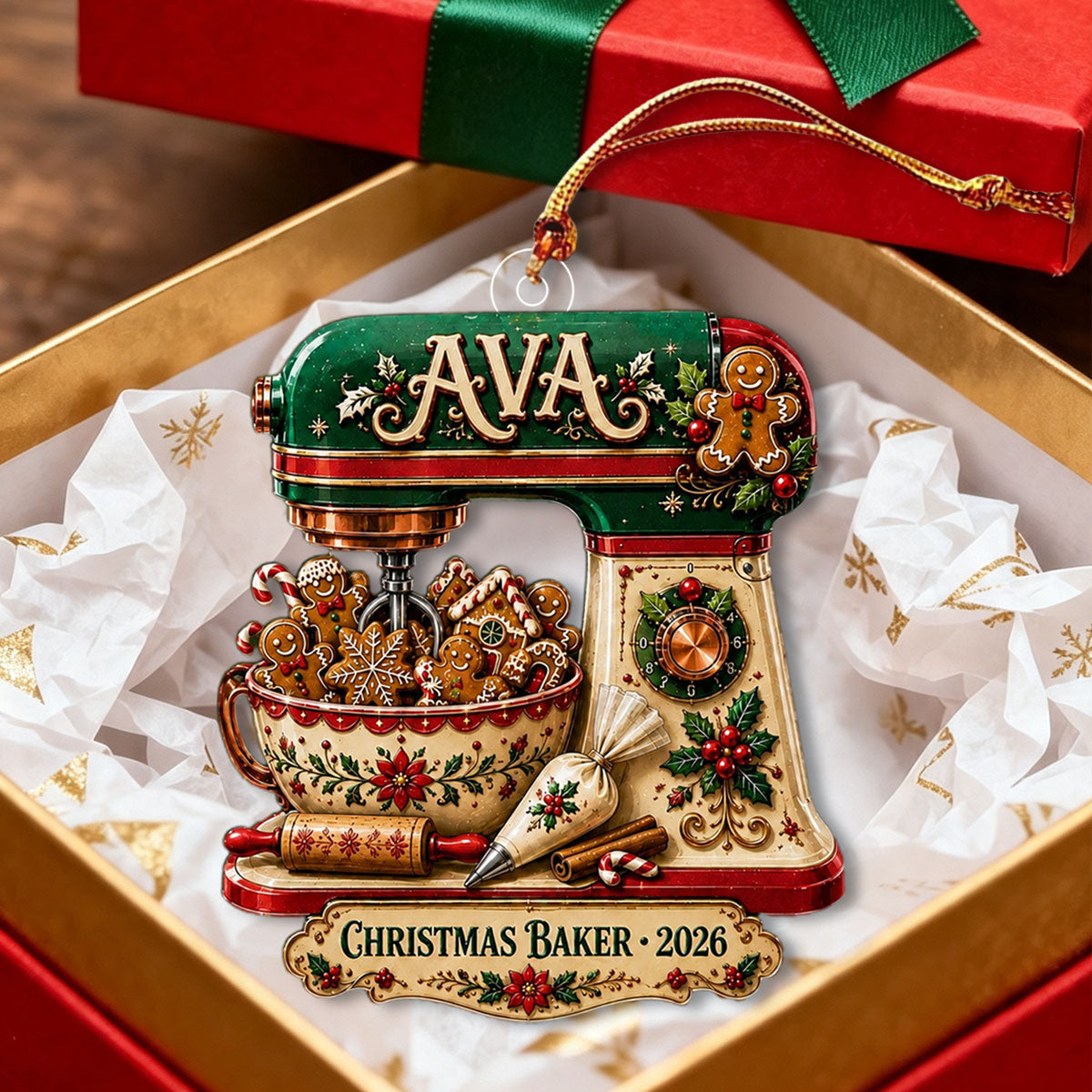 Personalized Christmas Baker Acrylic Ornament – Gingerbread Mixer Holiday Keepsake | Kitchen Decor 2026