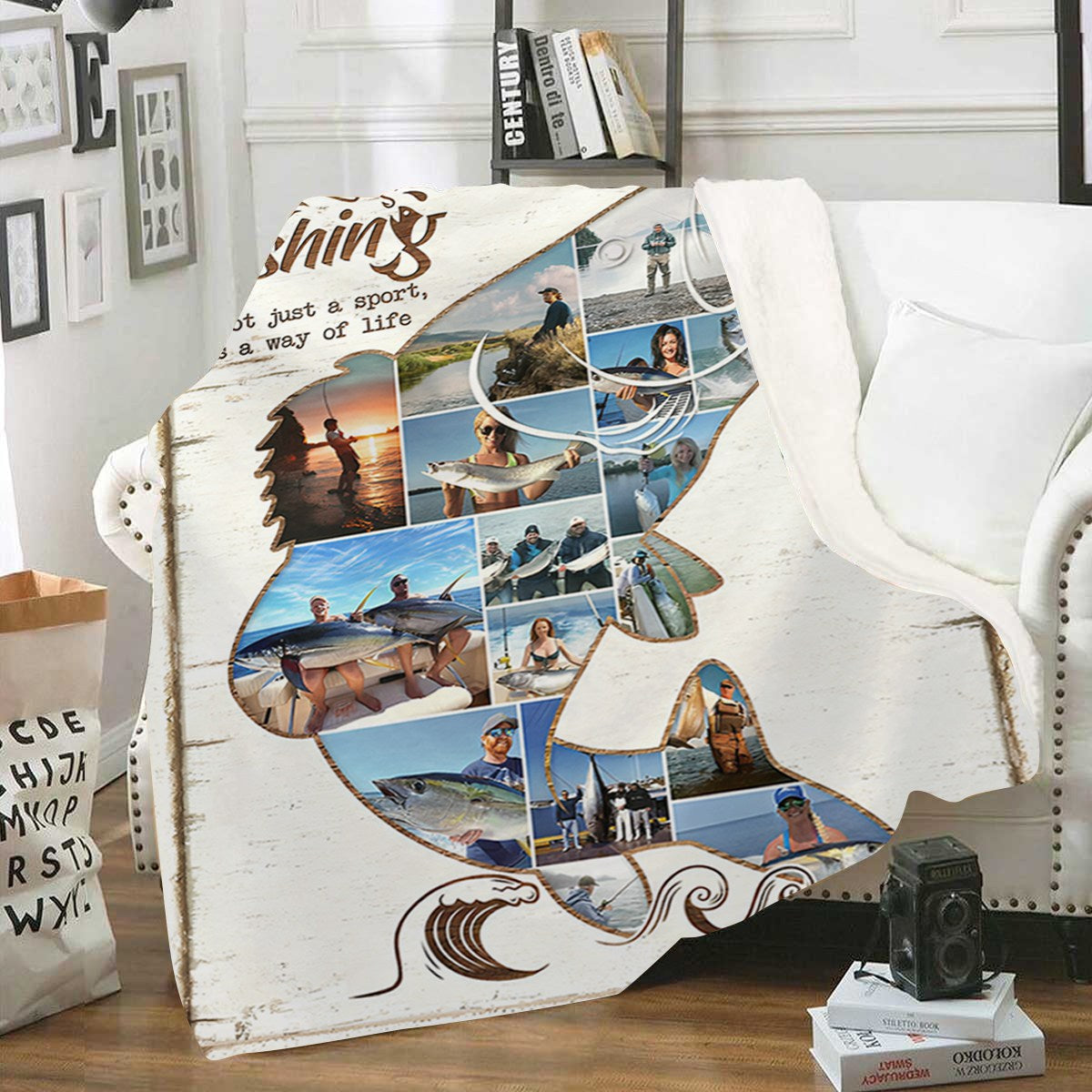 Personalized Fishing Photo Collage Blanket, Fish Shape Blanket, Fishing Gift