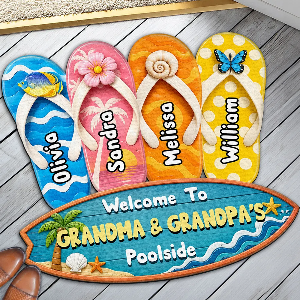 Summer Beach House Decor – Personalized "Flip Flop Family" Custom Doormat