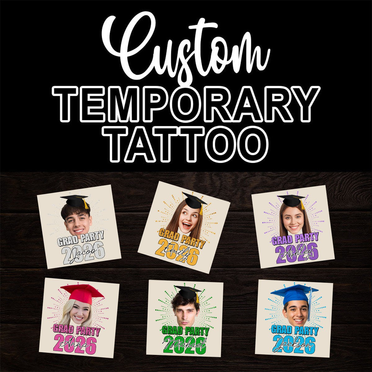 Custom Temporary Grand Party Tattoo With Personalized Photo, Text Name, Fake Tattoo, Gift For Graduation