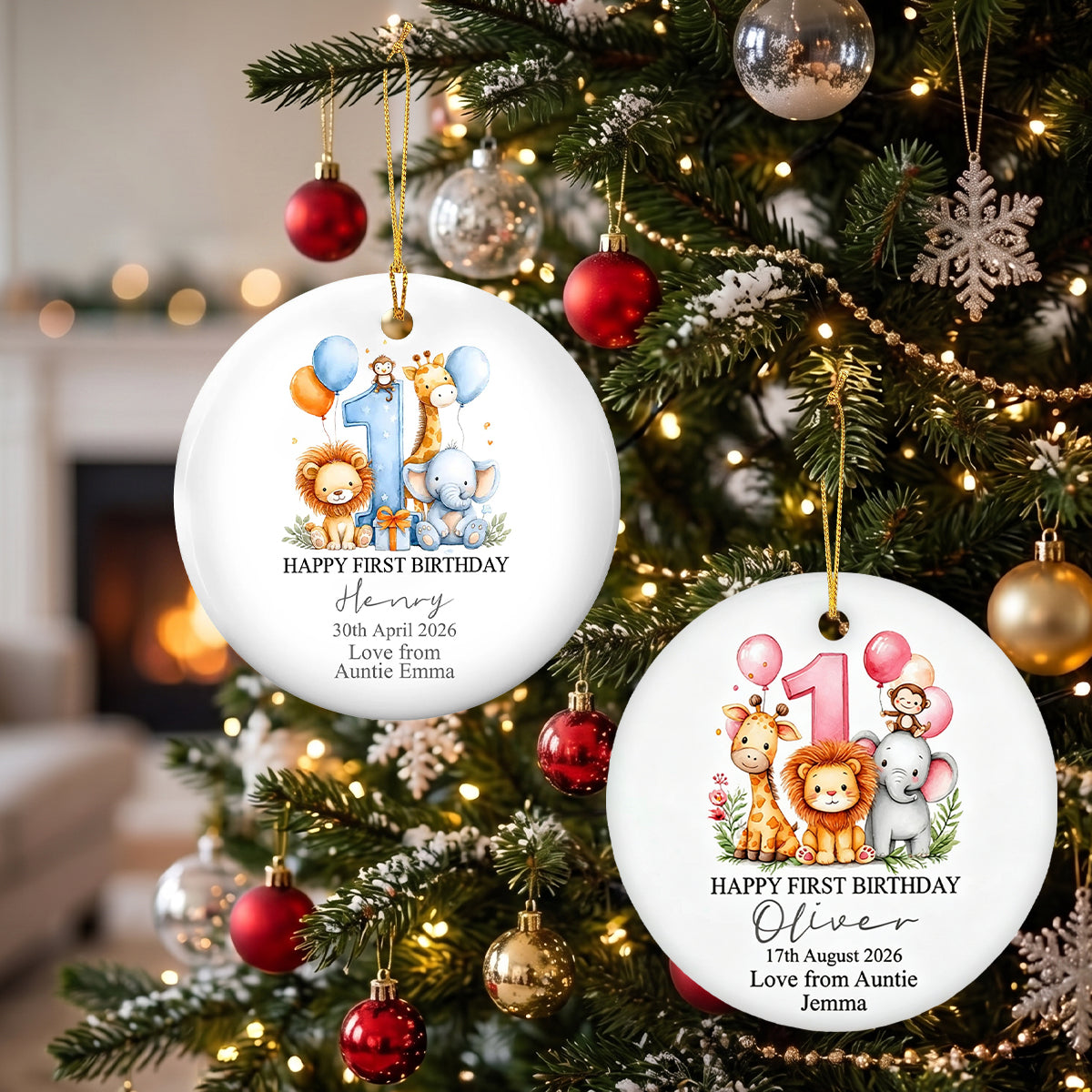 Happy First Birthday with Safari Animals Personalized Ceramic Ornament First Birthday Ornament Keepsake Gift with Safari Animals