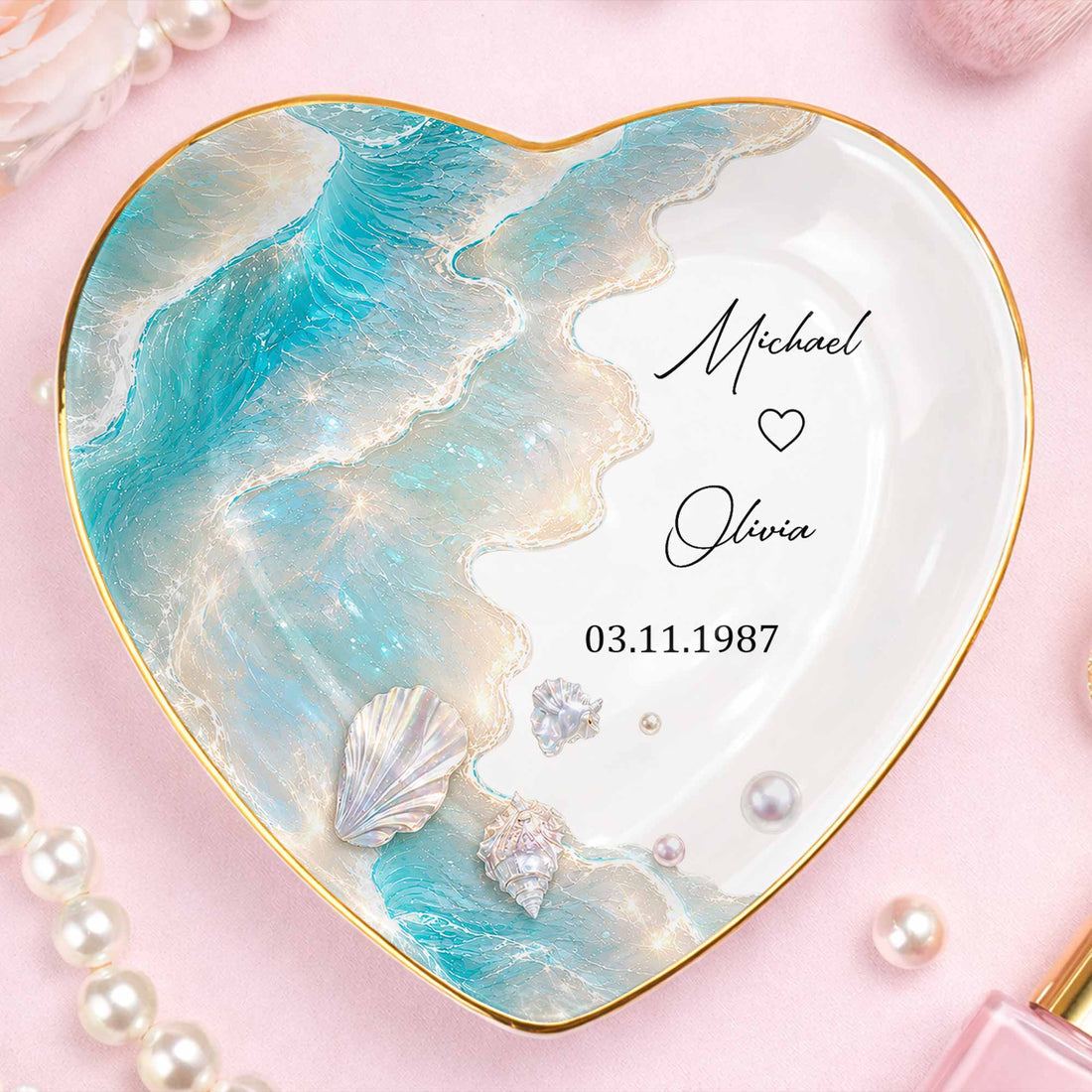 Personalized Ceramic Jewelry Dish – "Our Love Is Like The Ocean Waves" Design | A Romantic Keepsake Gift For Couples
