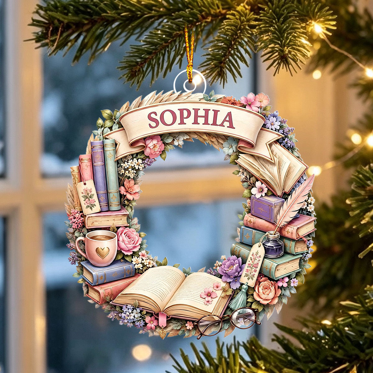 "Reading Is A Journey" – Personalized Christmas Wreath Acrylic Hanging Ornament | Gift For Book Lovers