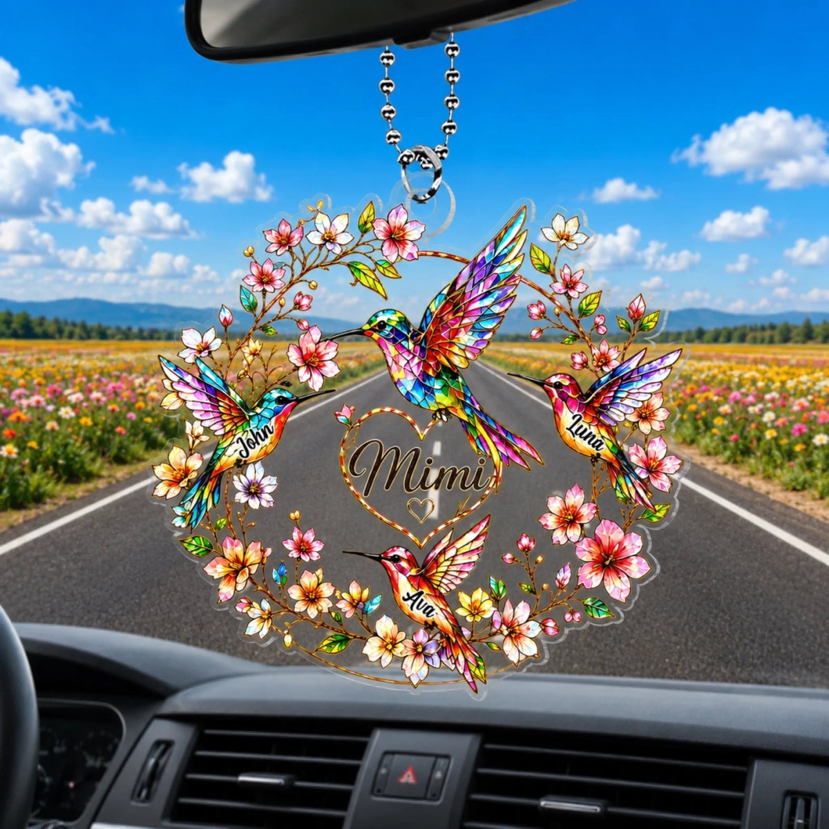 "Every Name Holds A Piece Of My Heart" – Personalized Acrylic Car Hanger | Hummingbird Grandma & Kids Family Gift