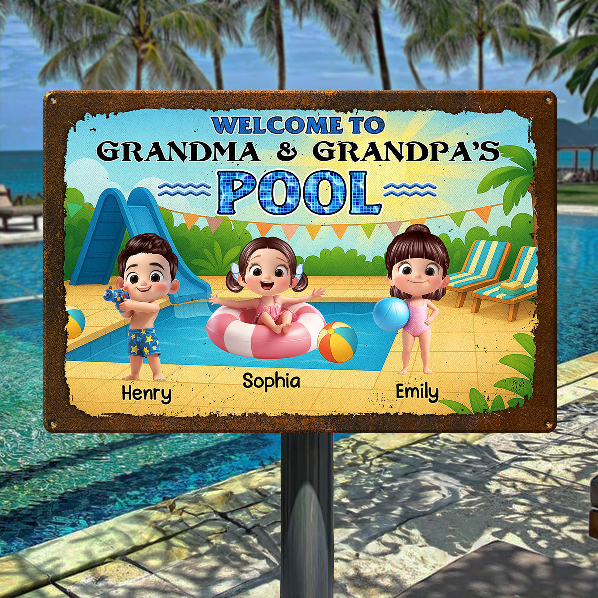 Welcome to Grandma & Grandpa's Pool Personalized Metal Sign