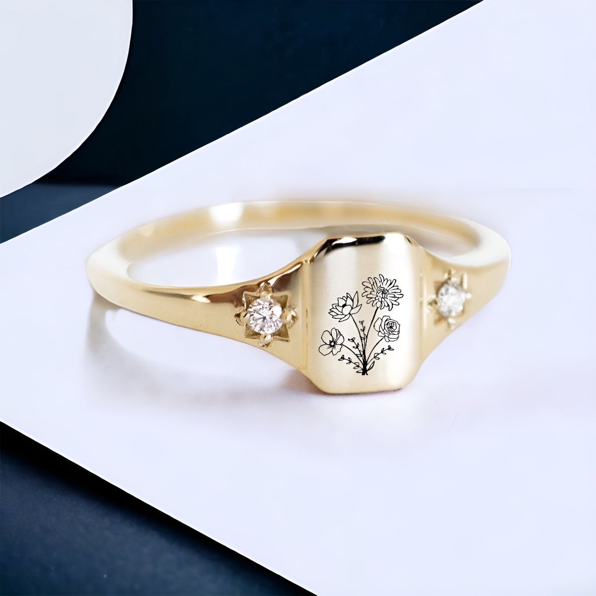 Personalized Birth flower gold ring, Statement flower rings for women, Minimalist ring