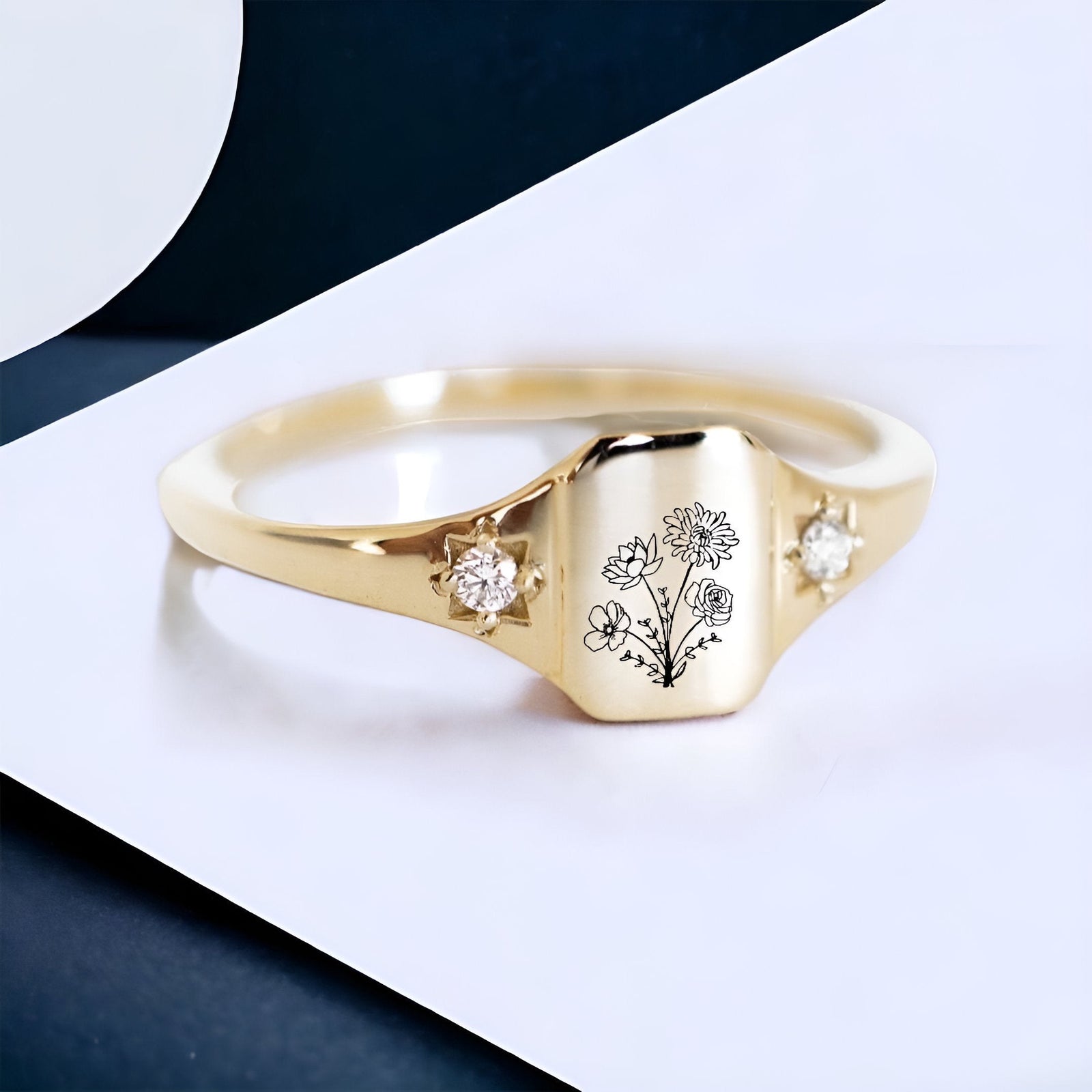 Personalized Birth flower gold ring, Statement flower rings for women, Minimalist ring