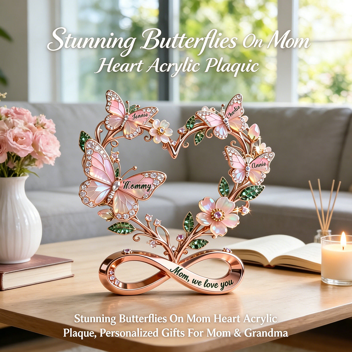 Personalized Stunning Butterflies On Mom Heart Acrylic Plaque, Gifts For Mom & Grandma