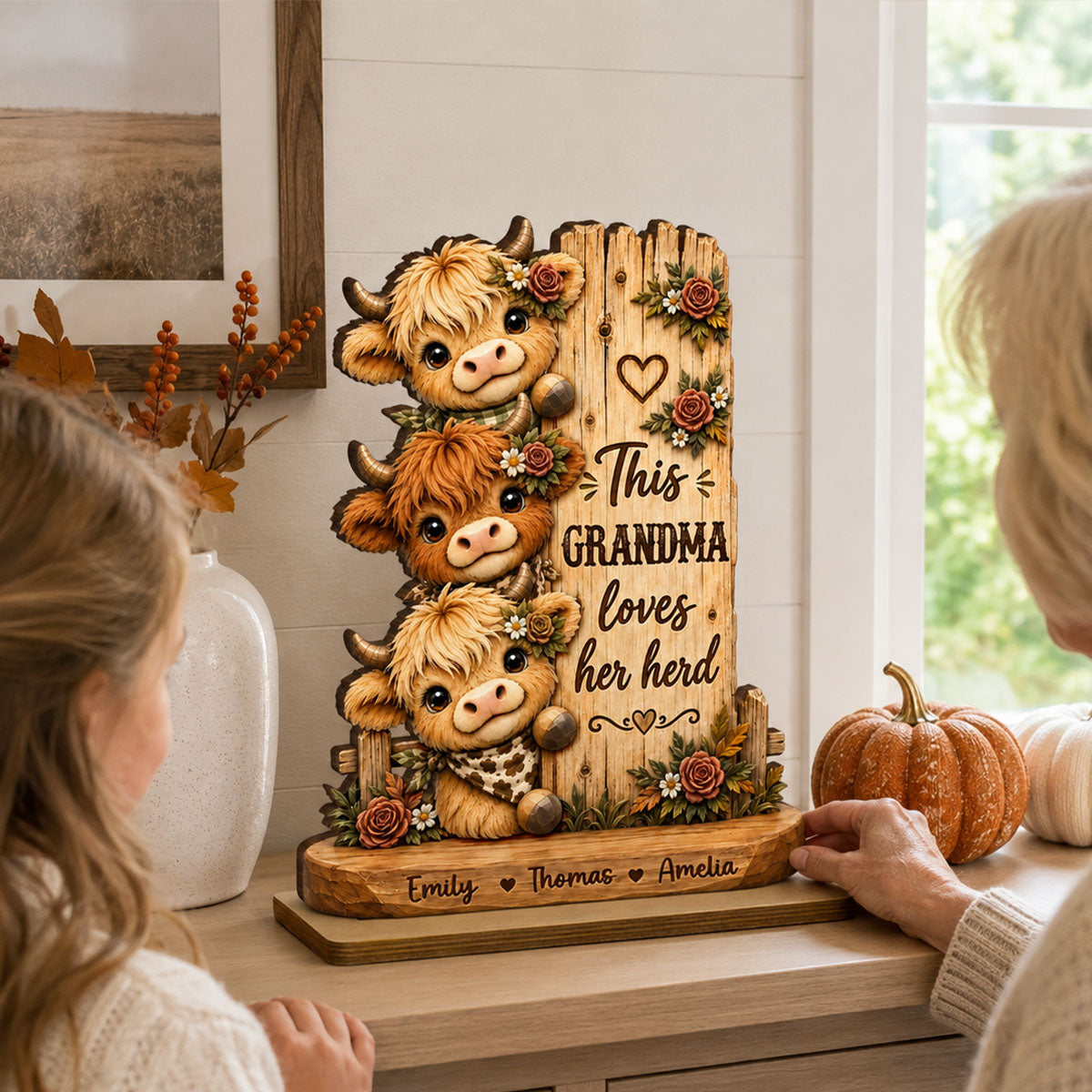 Personalized "This Grandma Loves Her Herd" Wooden Plaque – Cozy Fall Gift For Grandma