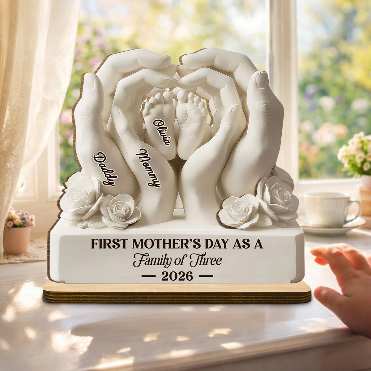 First Mother's Day As A Family Of Three, Personalized Custom 2-Layer Wood Plaque, Gift For Mom