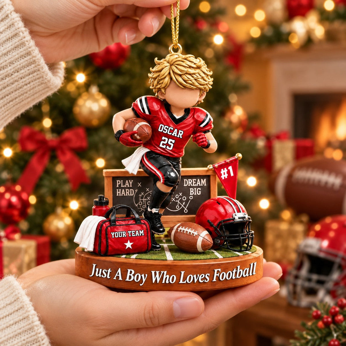 Personalized Just A Boy Who Loves Football Ornament, Custom Player Name & Number Christmas Gift