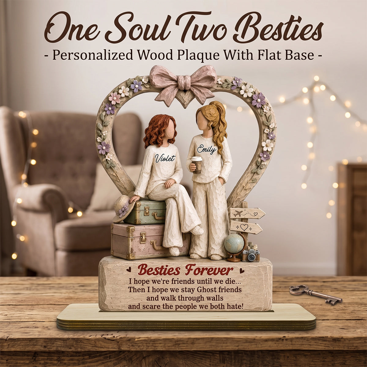 "One Soul, Two Besties" – Personalized Wood Plaque With Flat Base | Friendship Keepsake Gift
