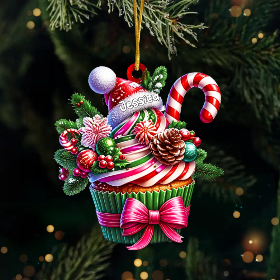 Personalized Santa Hat Cupcake Acrylic Ornament - Custom Holiday Tree Charm